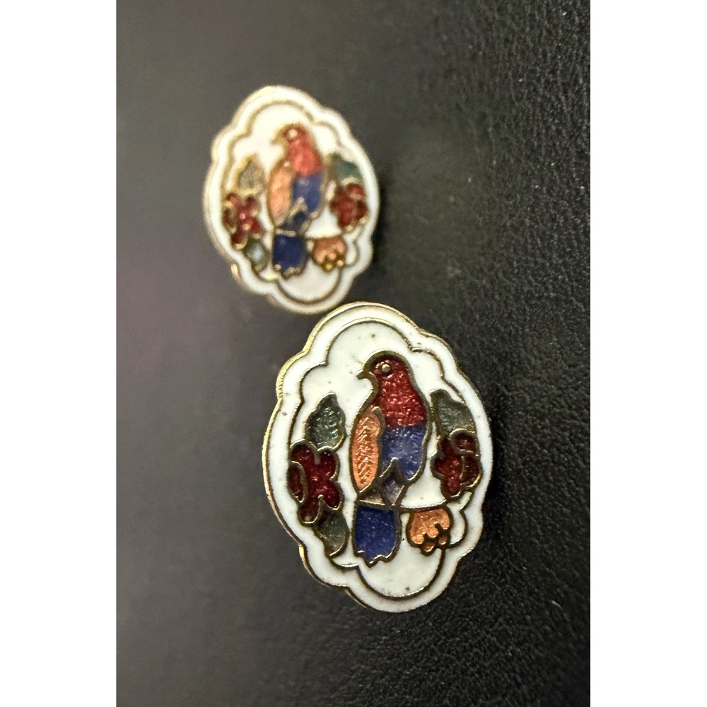 Cloisonne Bird Earrings Enamel Stud Post White Gold Tone Floral Nature Small